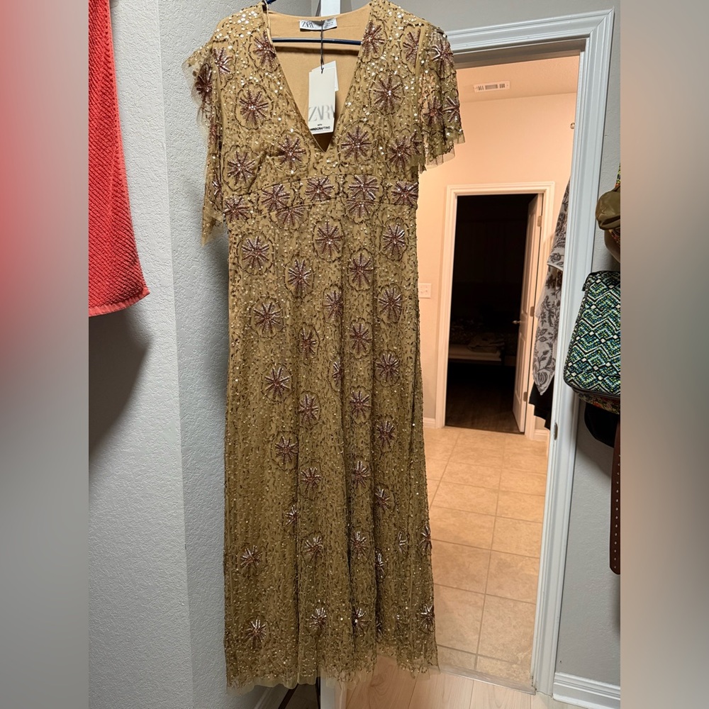 NWT Zara Tan Sequin Floral Dress